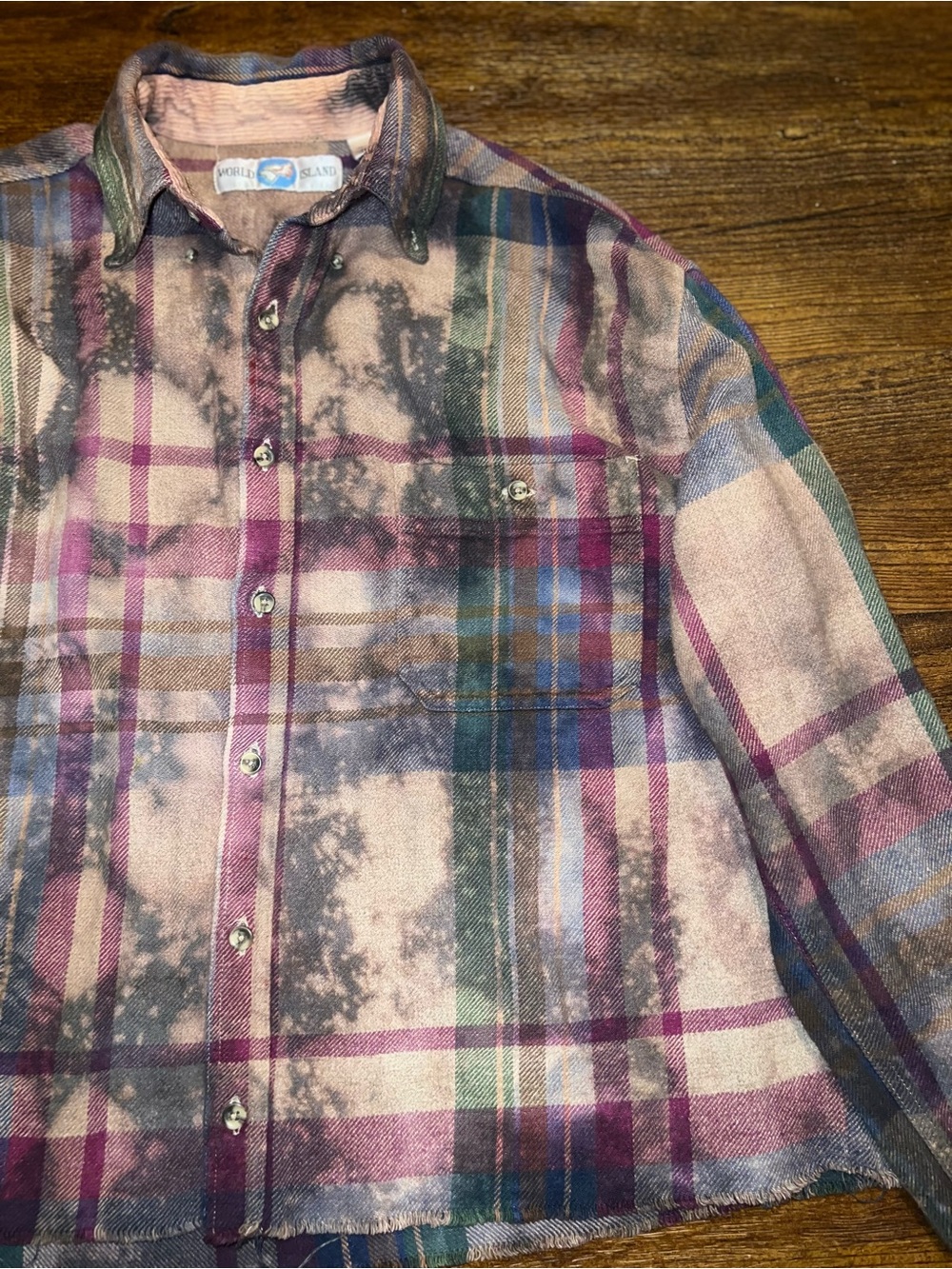 Vintage Acid Wash Crop Flannel Distressed Tie Dye Plaid Button Up Shirt Size L - Picture 5 of 10